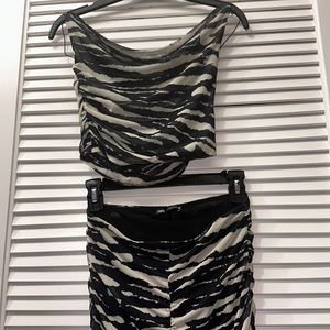 Zebra Mesh Tulle Cowl Neck Backless Top and Skirt Outfit Set
